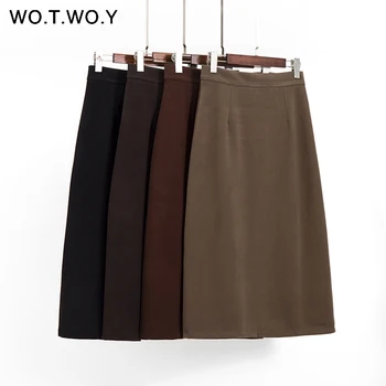 

WOTWOY Spring Summenr Knitted Skirts Women 2020 Office Lady Zipper Mid-Calf Lenght Female Pencil Skirts Elegant Skirts Femme