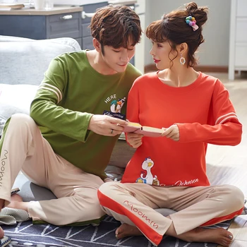 

2019 Autumn thin Cotton Couple Pajama set Long Sleeve Male Sleepwear Suit Men Women Pajamas Casual Homewear lover Pyjamas