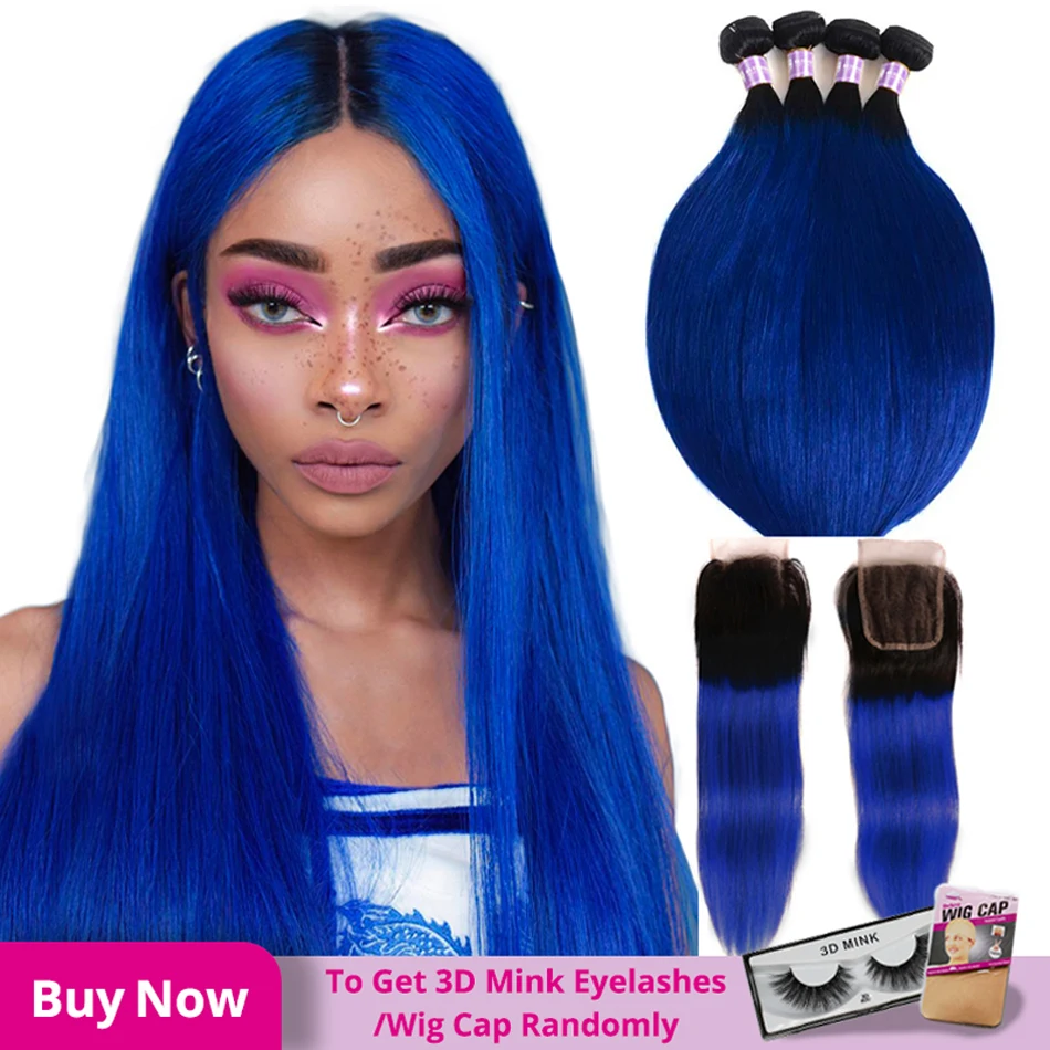 Волосы Alimice прямые синие бразильские волнистые 3/4 пучка с закрыванием T1b/Blue Remy |