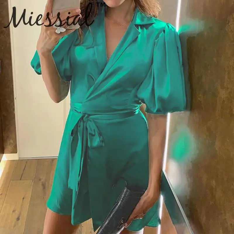 Miessial, атласное зеленое винтажное платье с пышными рукавами, женские бандажные элегантные вечерние платья, зимнее сексуальное модное короткое платье vestidos
