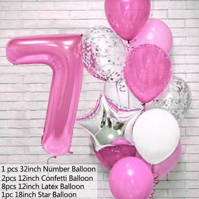 12pcs Pink Number Foil Balloon Birthday Party Decoration Latex Balloons Kids Baby Girl 1 2 3 4 5 6 7 8 9 Years Old 1st Birthday P-balloon number 7