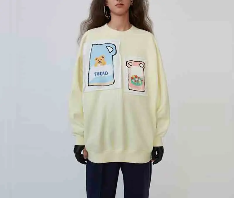 Women Hoodie Autumn and Winter New Products Fashion Loose Cute Bear Round Neck Pullover Cotton Sweatshirt