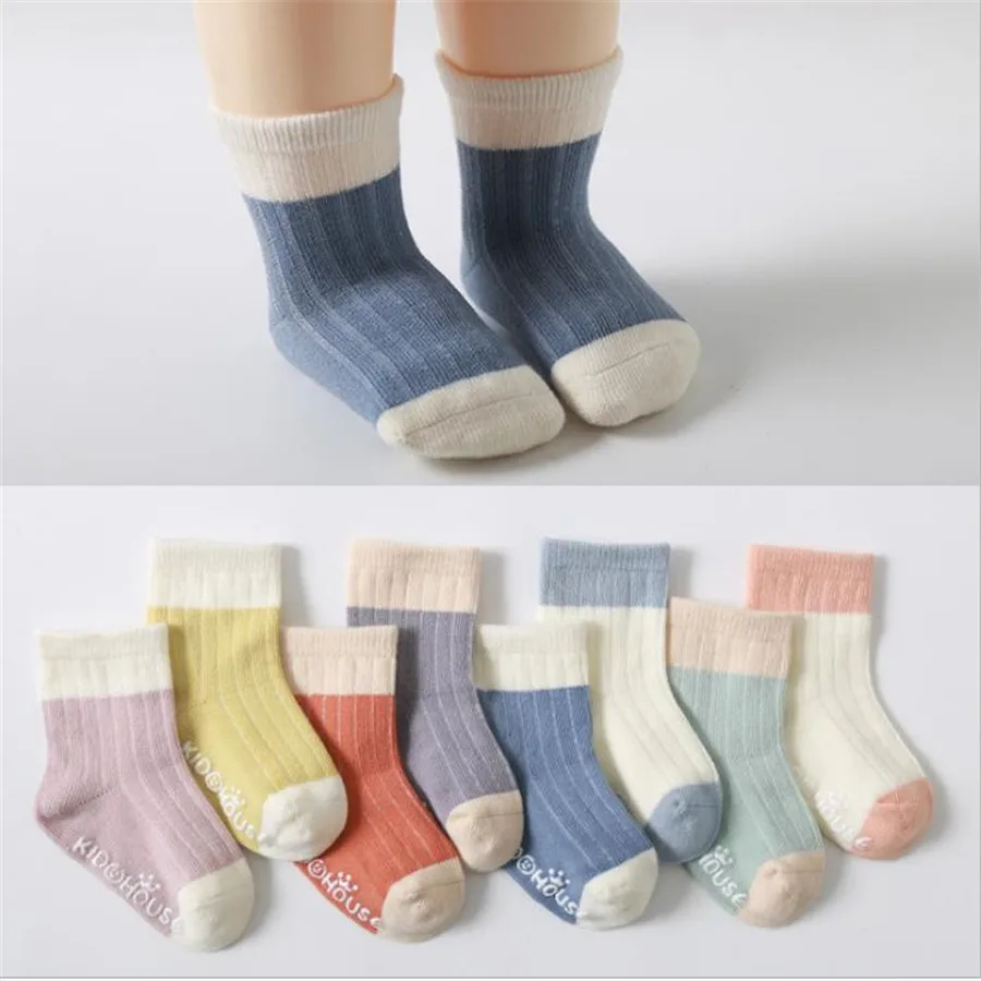 

Newborn Baby Little Kids Girls Boys Non-Slip Socks Casual Solid Patchwork Ribbed Spring Autumn Warm Socks