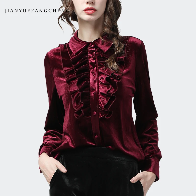 Wine Red Велюровая рубашка для женщин с длинным рукавом и оборками, теплые осенне-зимние топы и блузки, модные офисные женские топы, однобортный Кардиган - Цвет: Wine Red