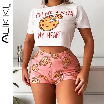 

Pizza Print Lounge Sleep Pajama Set Sexy Satin Sleepwear Women Summer Pyjama Femme Cute Pajamas for Women Lingerie