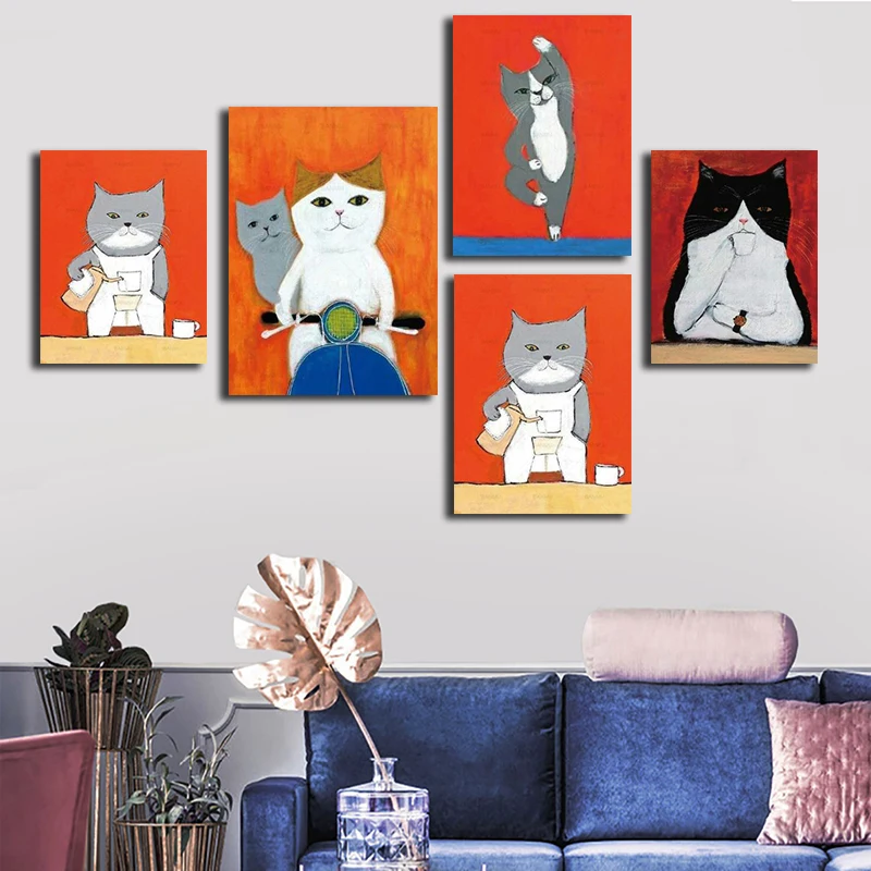 Абстрактный постер с мультяшными кошками современный настенный художественный