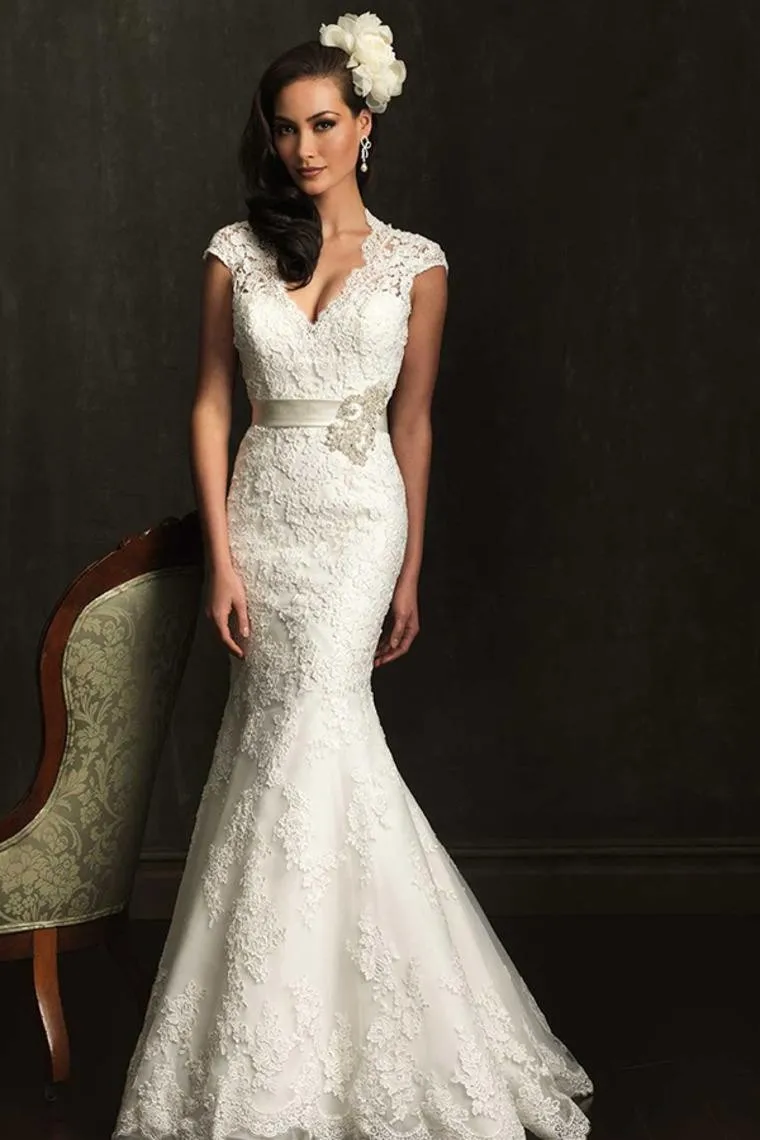 Мода халат de soiree новая крышка рукава vestido de noiva Русалка Кружева Аппликация Свадебное платье