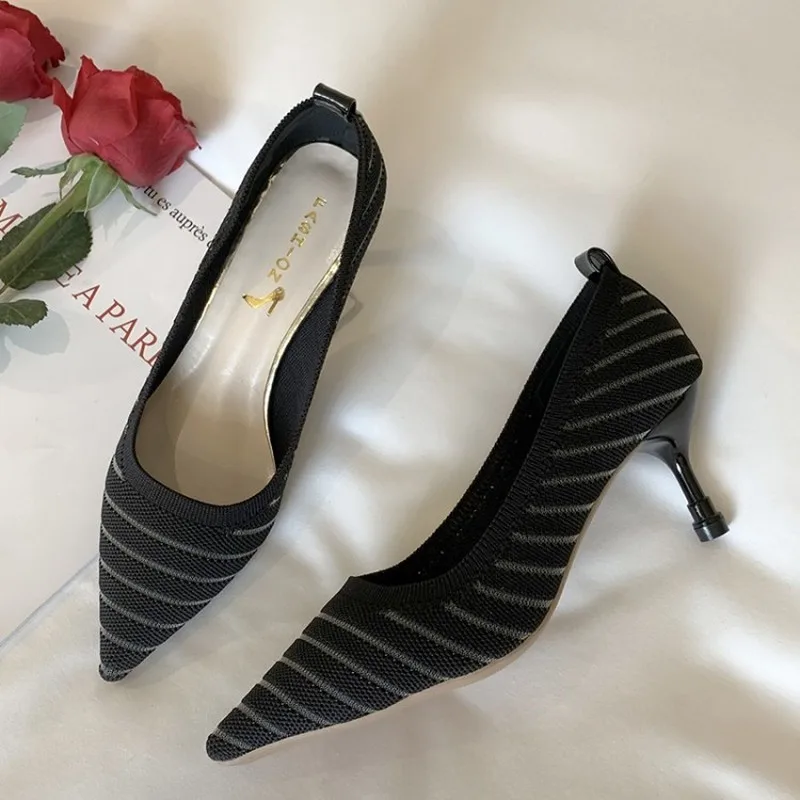

Sexy Pointed Toe Stilettos black Shoes Women Pumps Fall Shallow Stripe High Heels Office fashion Ladies Footwear Y16-06
