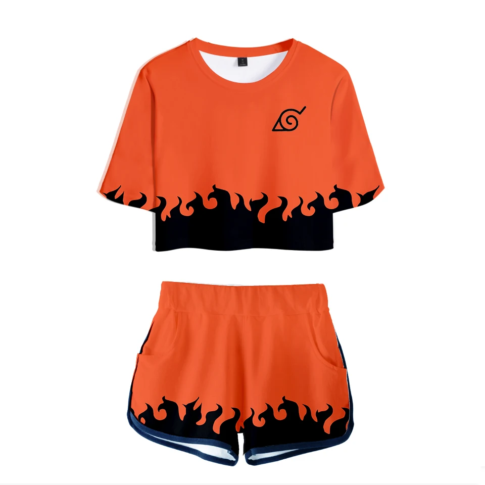 

2019 Harajuku Hot Sale Casual Crop Tops 3D Naruto Shorts And T-shirt Women Fashion Clothes Tops Kpop Naruto Two-piece set