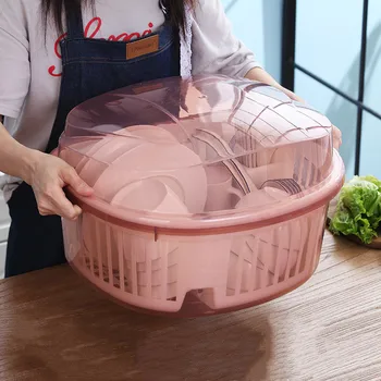 

Plastic Transparent Cupboard With Lid With Drain Rack Dish Rack Household Clamshell Bowl Box With Drain Pipe Tableware Storage