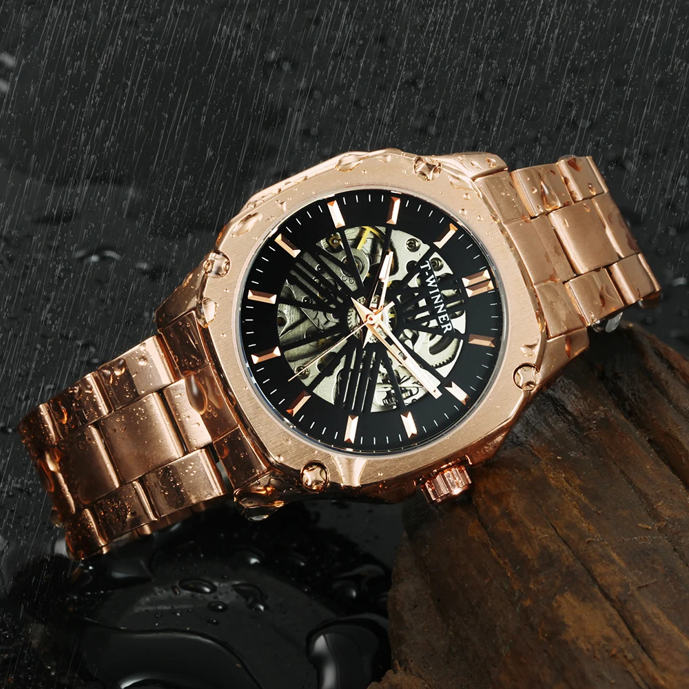 Ceny Zwycięzca oficjalny Vintage automatyczny zegarek mężczyźni szkielet mechaniczne męskie zegarki Top marka luksusowe Rose złoty klasyczna sukienka zegar