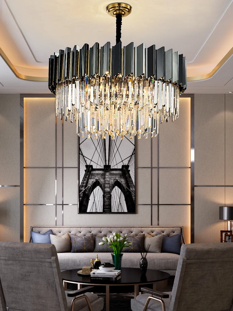 Modern living room luxury crystal lamp chandelier black round LED chandelier E14 bulb stainless steel chain chandelier lighting