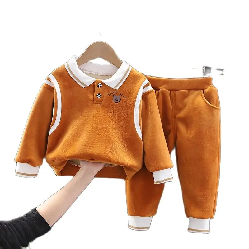 

Children's Clothing 2022 New 1-5 Years Old Plus Velvet Lapel 2-Piece Cartoon Boy Girl Autumn Winter Long-Sleeved sports Suit