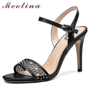 

Meotina Crystal Shoes Women Natural Genuine Leather Super High Heel Sandals Cutouts Buckle Thin Heels Lady Sandals Summer Black