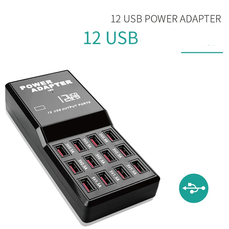 12-Port-Mehrfach-USB-Ladegerät, 5 V, 12 A Ausgang, max. 0,3 A Eingang, Lade-Hub, Desktop-Adapter, Schnellladegerät für Telefon, Tablet-PC_voghion.com