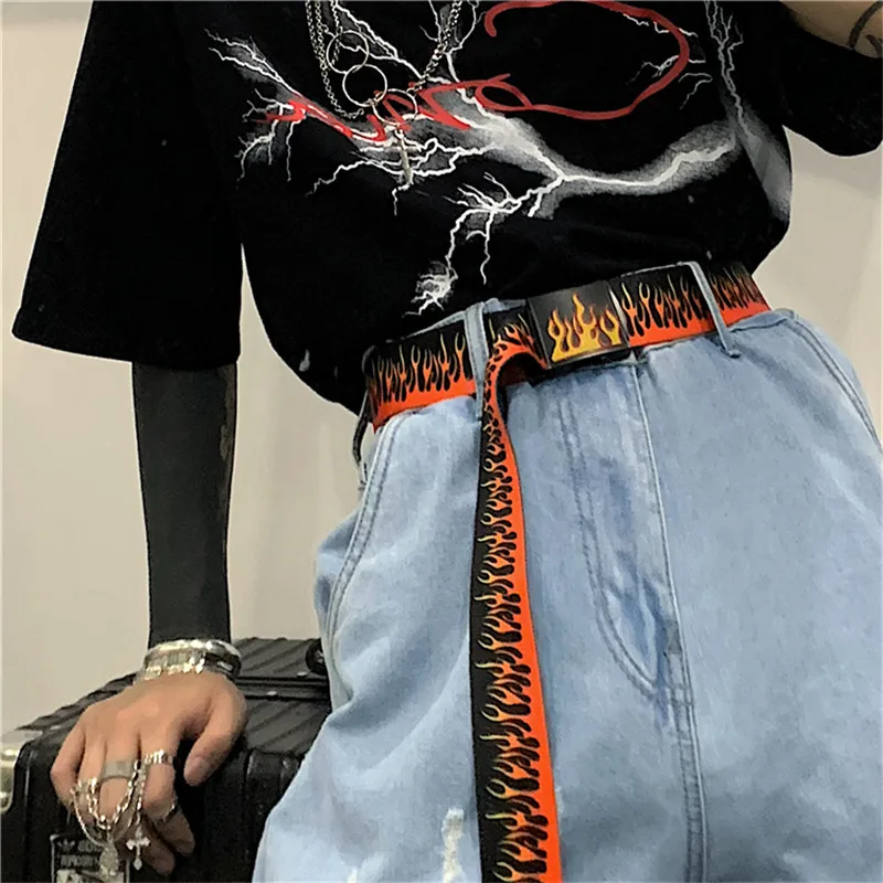 

GOTH GIRL Harajuku Punk Belt Women Streetwear Flame Canvas Printed Belt All-match Grunge Style Casual Accessories Unisex