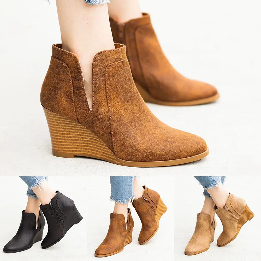 

Women Ankle Boots Shoes Autumn Winter Warm High Wedges Heel Boots Hight Increasing Female Pointed Toe Booties 2019 fashion Shoes
