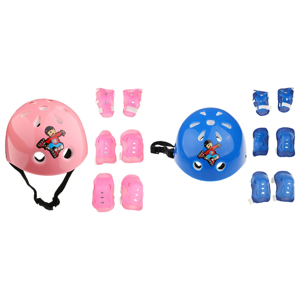 14 Pieces Kids Children Boy Girl Roller Skating Bicycle Helmet Knee Elbow Pad Wrist Guard Protector Sets Pink and Blue