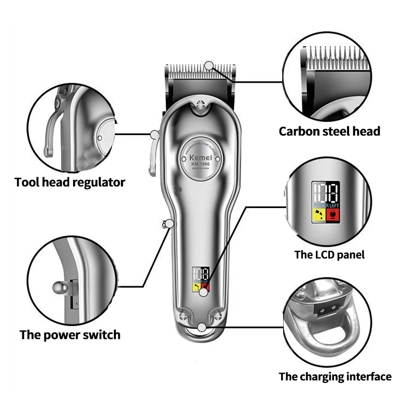 Kemei машинка для стрижки волос KM-1986 перезаряжаемая режущая головка Регулируемый ЖК-дисплей резчик углеродистой стали машинка для стрижки волос с европейской вилкой