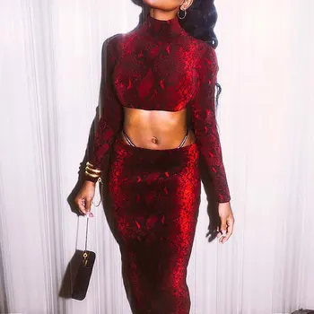 

2020 Snake Skin Skirt Set Women Long Skirt Set Female 2 Piece Set Women Suits Spring Long Sleeve Sexy Women Clothing Set Ladies