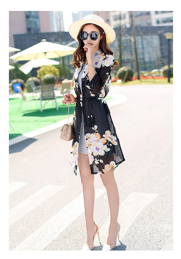 2020 Summer New Chiffon Women Sun Protection Clothing Female Long Beach Cardigan Wild Printing Splicing Thin Clothing 3555 womens blouses