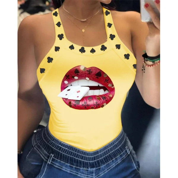Summer Ladies Harajuku Shirts Slim Fit Polyester Sleeveless Top Tshirts Tank Tops Women U Neck Letter Print Lips Vest D6H284YL