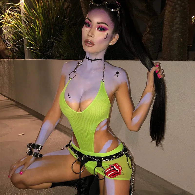 

Mesh Metal O Ring Halter Neon Bodysuit Deep V Neck High Cut See Though Backless Overalls Sexy Bodycon Jumpsuits For Women 2019