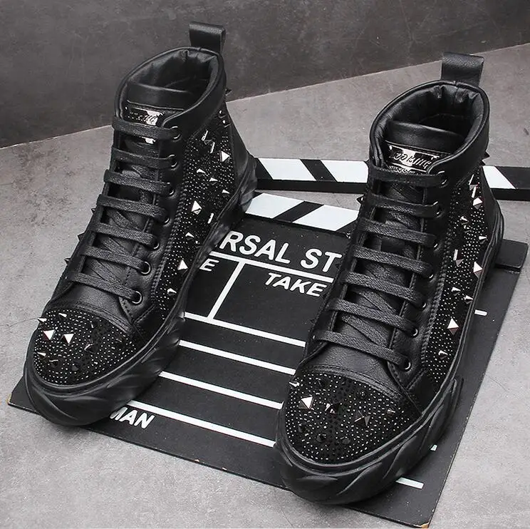 New Men high top rhinestone Studded Rivet Spike Casual Shoes for men thick bottom flats shoes loafers Male designer skateboard | Обувь