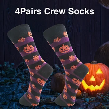 

4pairs Men Stretchy Daily Fashion Halloween Autumn Winter Casual Cotton Blend Pumpkin Bat Novelty Crew Socks Breathable Soft