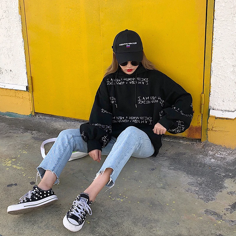 Ulzzang зимняя женская толстовка Харадзюку С буквенным принтом с капюшоном, толстовка бойфренда с длинными рукавами, свободные пуловеры, толстовка
