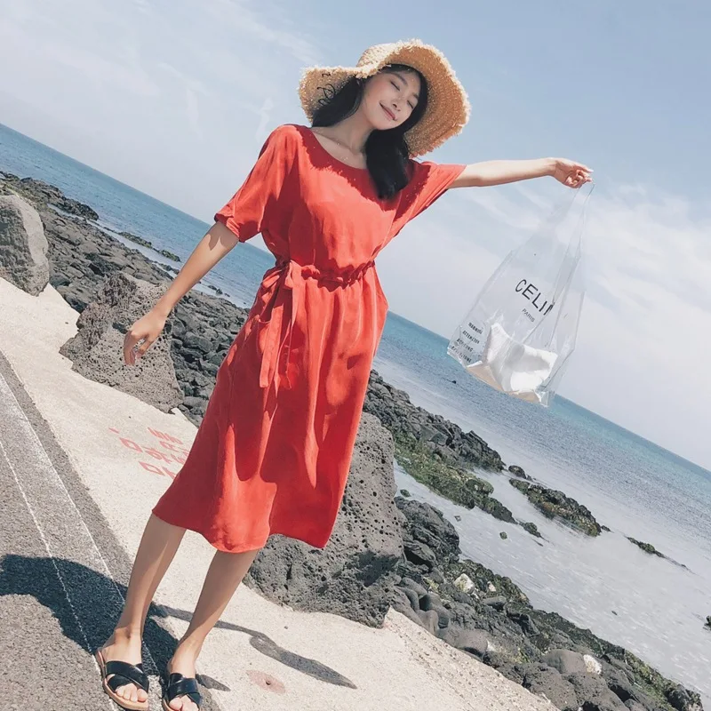 

Photo Shoot First Love Retro INS Red Round-neck Short Sleeve Drawstring Lace Dress GIRL'S Heart A- line Skirt Loose-Fit Slimming