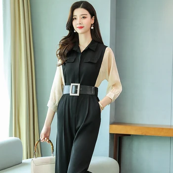 

2020 New Summer Patchwork Wide Leg Jumpsuits Women Chiffon Fashion Elegant Casual Turn Down Collar OL Slim Romper Sashes WJ60