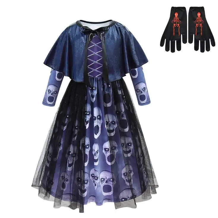 Dress Cape Glove B Детский страшный череп Призрак Хэллоуин костюмы Пелерина шляпа перчатки девушки необычные Бальные платья комплекты одежды - Цвет: Dress Cape Glove B