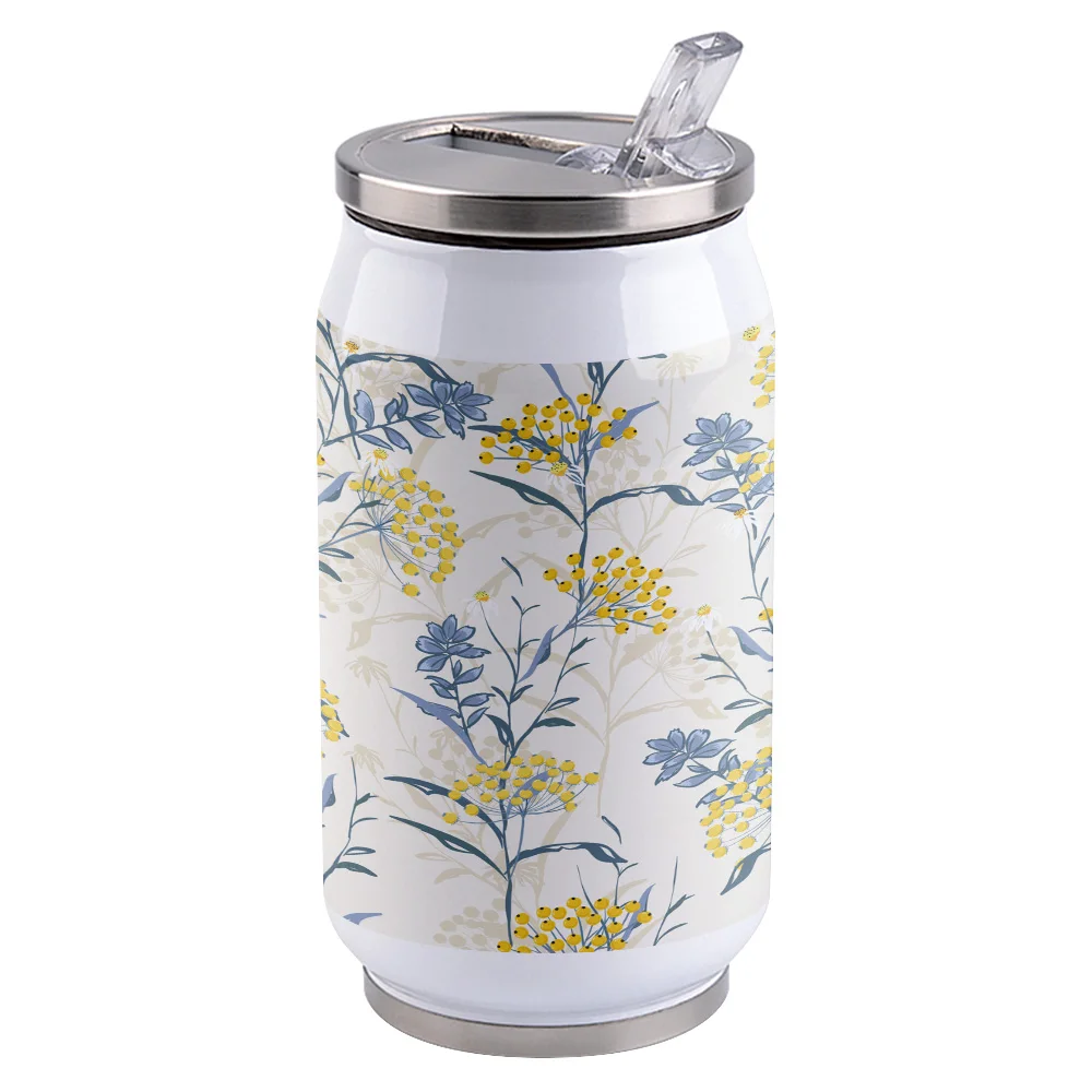 Plant White Flowers Texture Coke Bottle Stainless Steel Vacuum Cup with Straw Personalized Insulated Thermos Mugs | Дом и сад