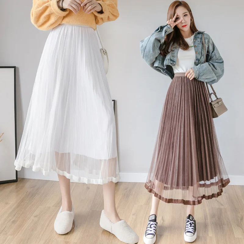 Корейский стиль комбинированная бархатная плиссированная Женская юбка средней