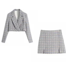 Aliexpress - BBWM ZA 2 Pieces Women Blazer+Skirt Set Vintage Plaid Printed Notched Jacket Coats+Skirt Long Sleeve Short Outerwear