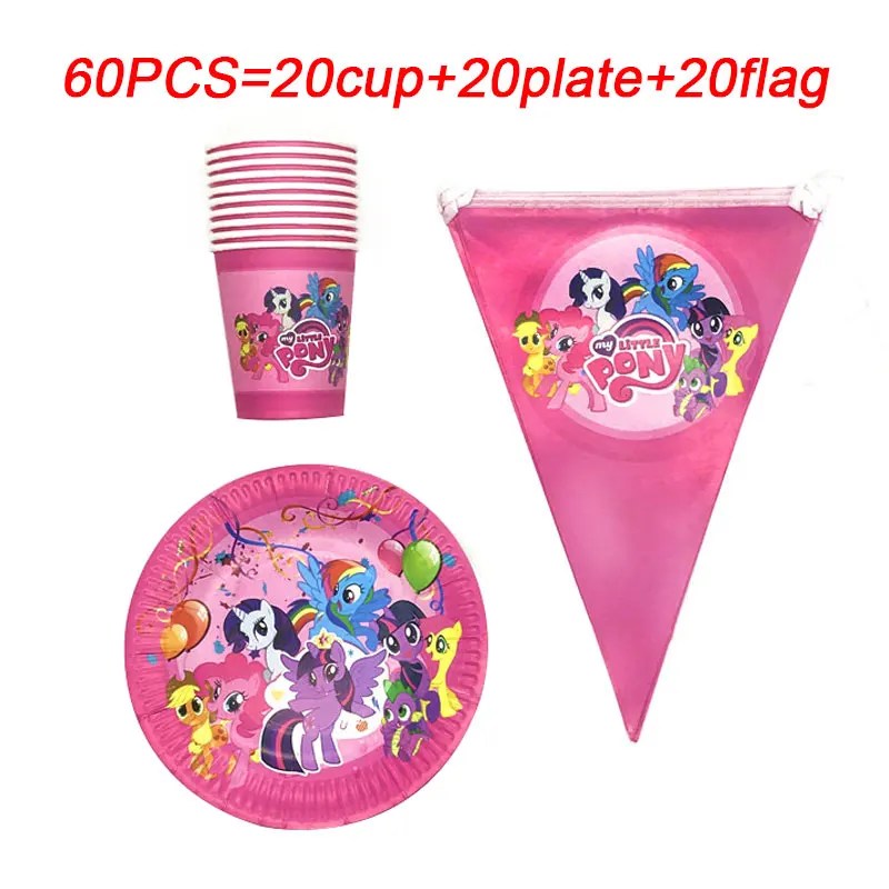 beipanqi-60pcs 60 шт., вечерние одноразовые столовые приборы в стиле My Little Pony на день рождения, набор бумажных стаканчиков, тарелки и соломки, украшения для свадебной вечеринки - Цвет: beipanqi-60pcs