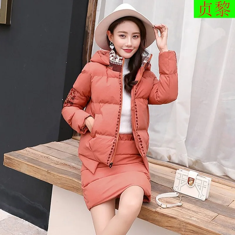 

2018 Winter New Style Embroidered Two-Piece Set Trend Ladies' Thick Short Skirt down Jacket Cotton-padded Clothes Short-Style Se
