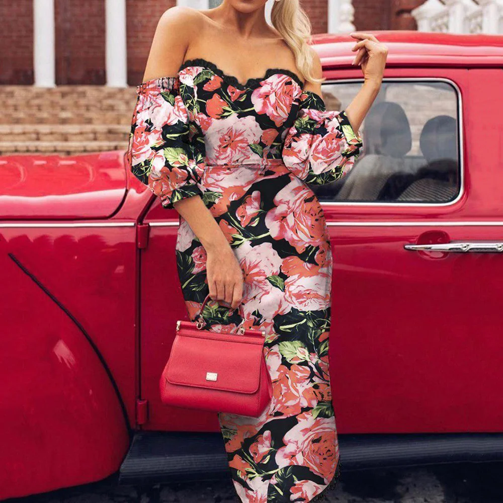 

Floral Print Prom Party Dress Sexy Strapless Bodycon Midi Robe Femme African Elegant Backless 3/4 Sleeve Summer Sundress