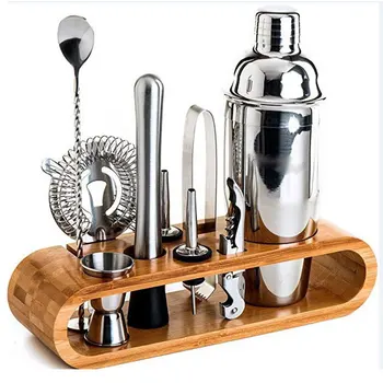 

Stainless steel cocktail shaker set ten-piece cocktail shaker set oval wooden stand base 750ML ounce cup bar tool