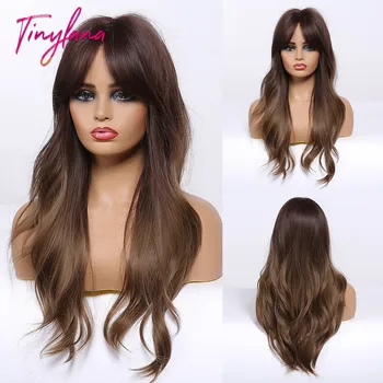 

TINY LANA Long Light Brown Omber Wavy Hair With Mid-point Bangs Synthetic Wigs for women Heat Resistant Fiber Natural Cosplay