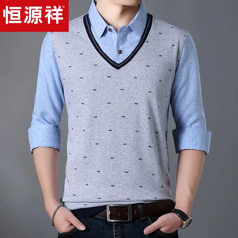 

HYX Genuine Product New Style Autumn Fold-down Collar Long Sleeve Mock Two-Piece Tops T-shirt Men Casual Base Daddy Clothes