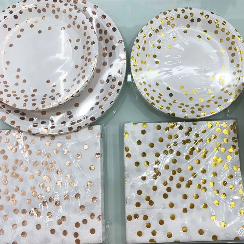 Одноразовые чашки в Золотой горошек бумажные тарелки набор салфеток 200 шт Обслуживание для 50 гостей Праздничные рождественские Вечерние