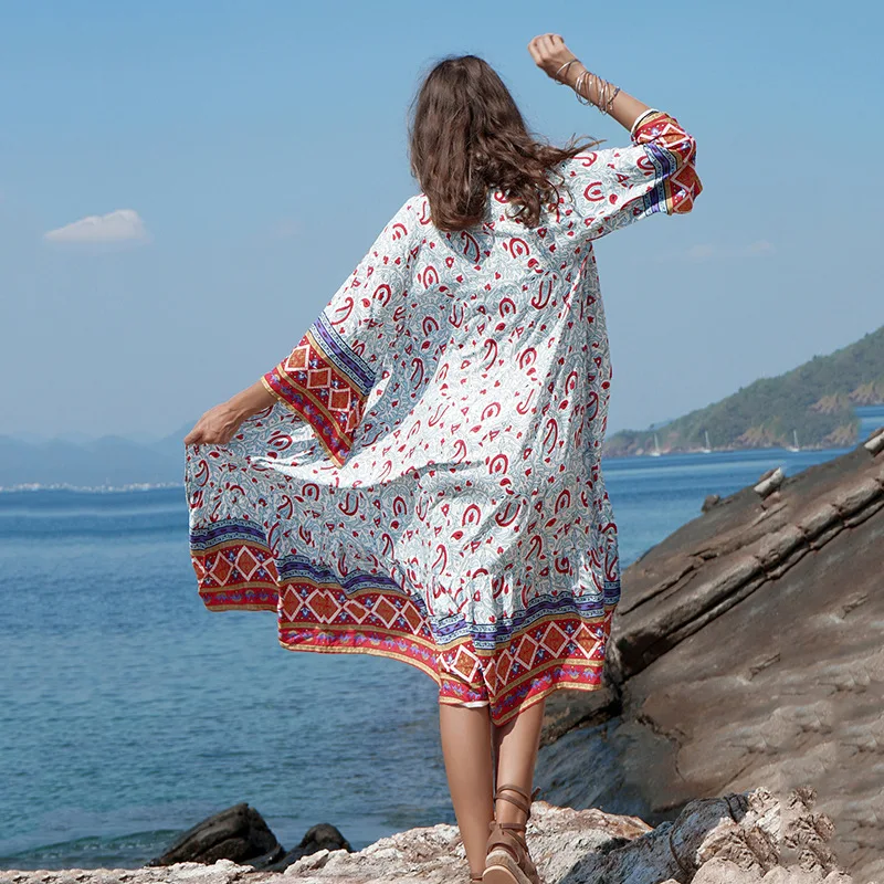 Пляжное женское летнее шифоновое платье, купальник, халат de Plage, сексуальный цветочный принт, кимоно, кардиган, бохо, женская блузка, топы