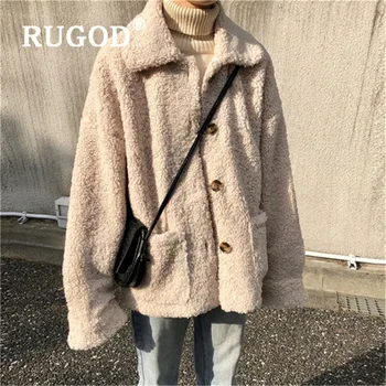 

RUGOD Fleece jacket Women 2019 Turn-down Collar Solid Long Sleeve Single Breasted Warm Coats Casual Lady 2019 Winter Coats