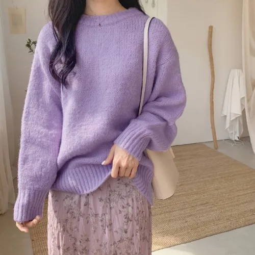 purple Neploe, шикарный, Ретро стиль, свободный, безумный стиль, пуловер, свитер, женский, о-образный вырез, длинный рукав, однотонный, вязаный, Pull Femme, теплая верхняя одежда, Sueter 47863 - Цвет: purple