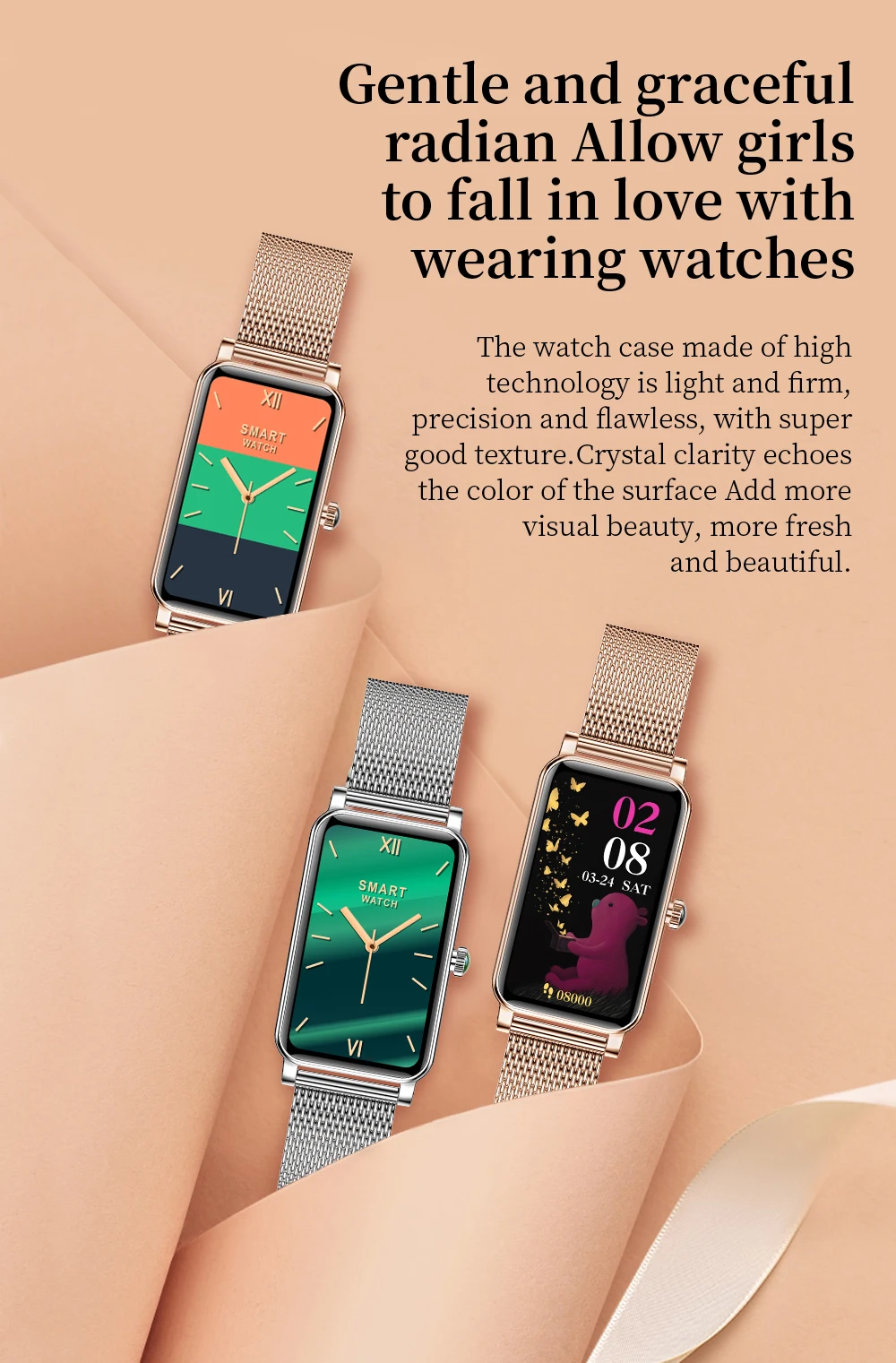 ZX19 Smart Watch Women Girl Fashion Smartwatch Heart Rate Bood Pressure Sports Fitness Wristband Customizable Dial Bracelet