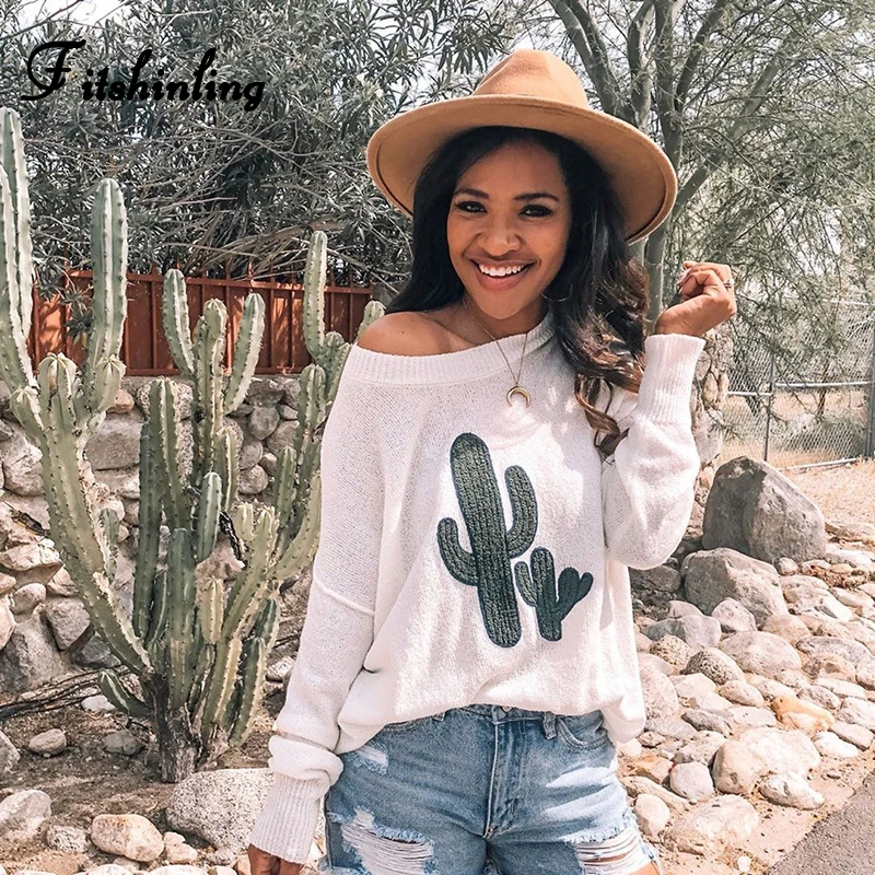 Fitshinling Новинка осень женские свитера и пуловеры трикотаж вышивка свободный свитер женский длинный рукав джемпер Pull Femme