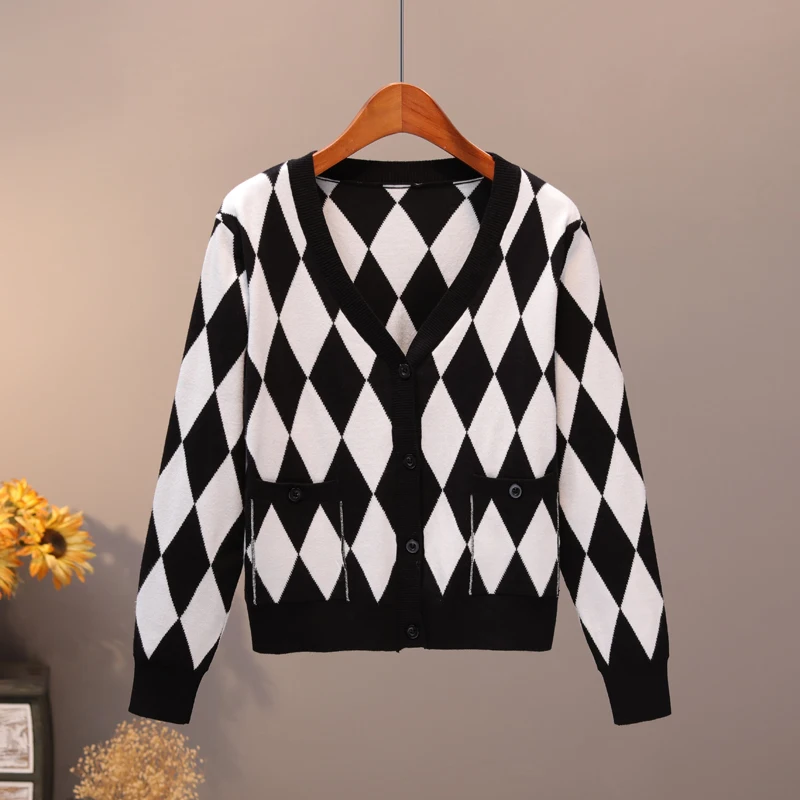 ways diamond color knitting cardigan outside during the spring and autumn outfit new v-neck long-sleeved sweater - Цвет: see chart