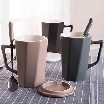 

Nordic Coffee Cup Geometric Ceramics Black Cups Creative Water Cup Tazas Para Cafe With Spoon Crockery Drinking Home 5B029